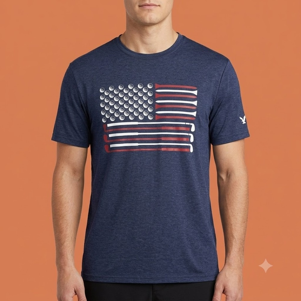Golf America Shirt Mens Medium‎ Blue Polyester Performance USA Flag Graphic Tee
